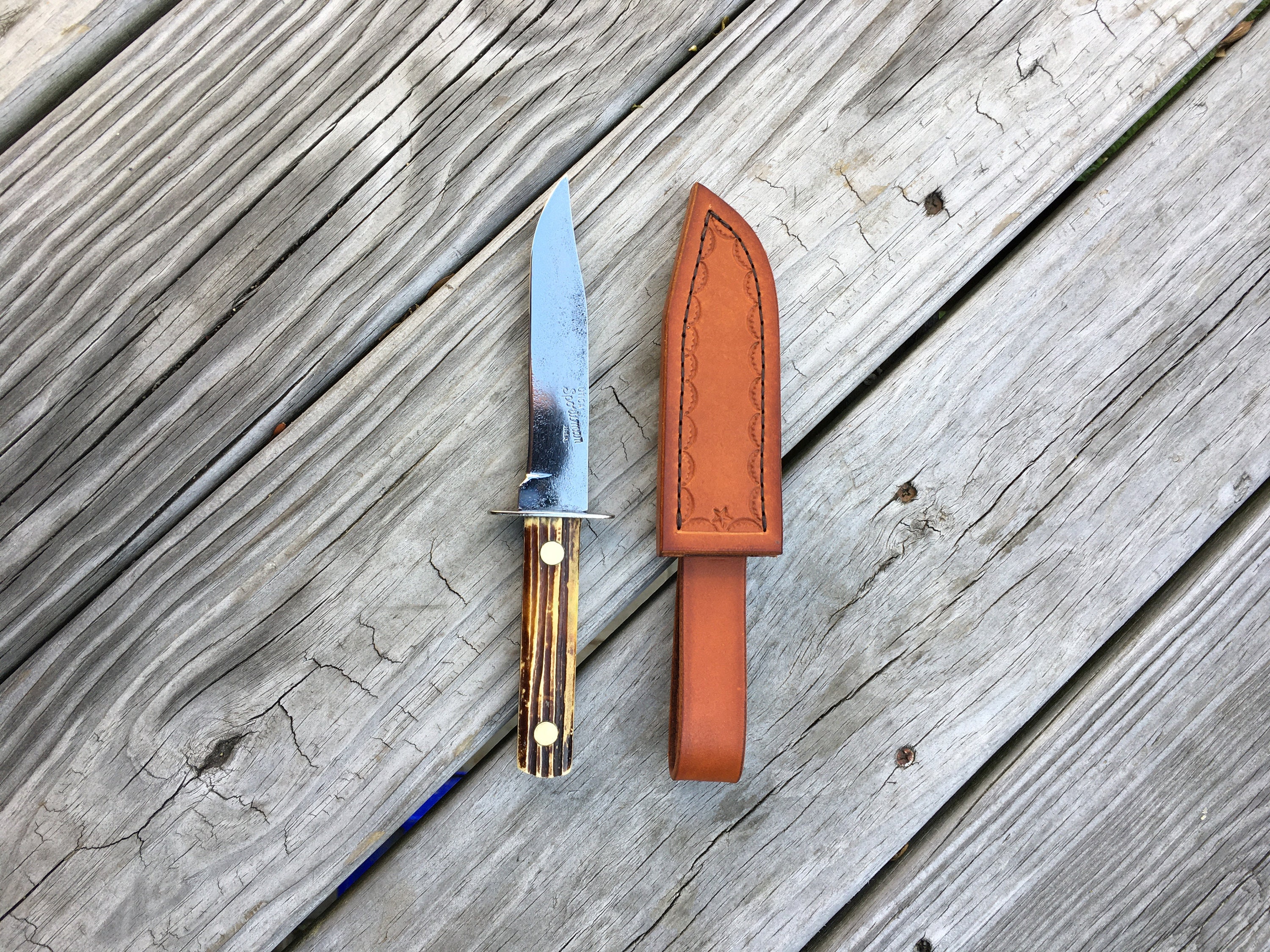 Vintage Utica Sportsman Fixed Blade Knife with handmade leather sheath