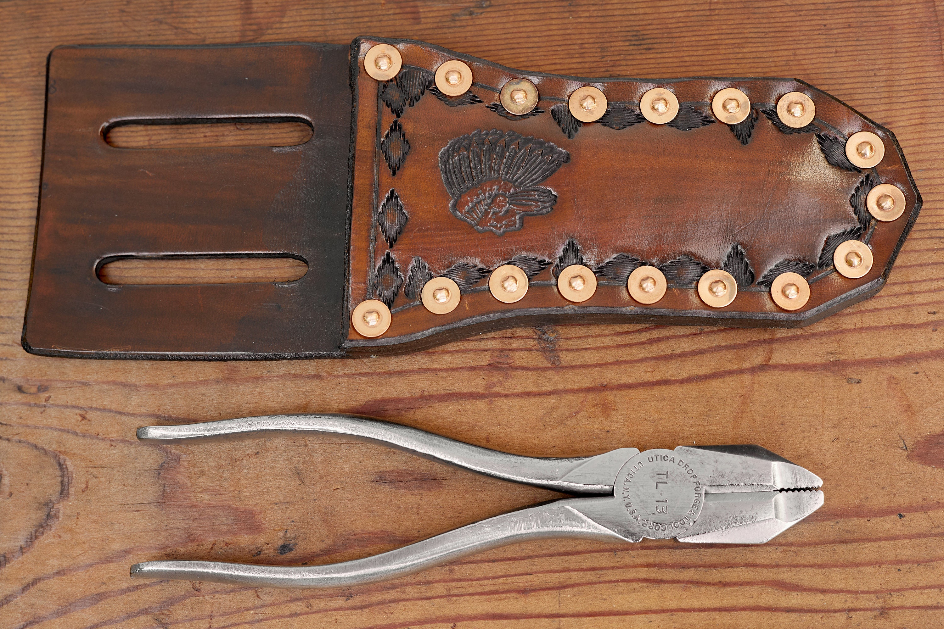 Vintage Utica Linemans Pliers with Custom Leather Pouch