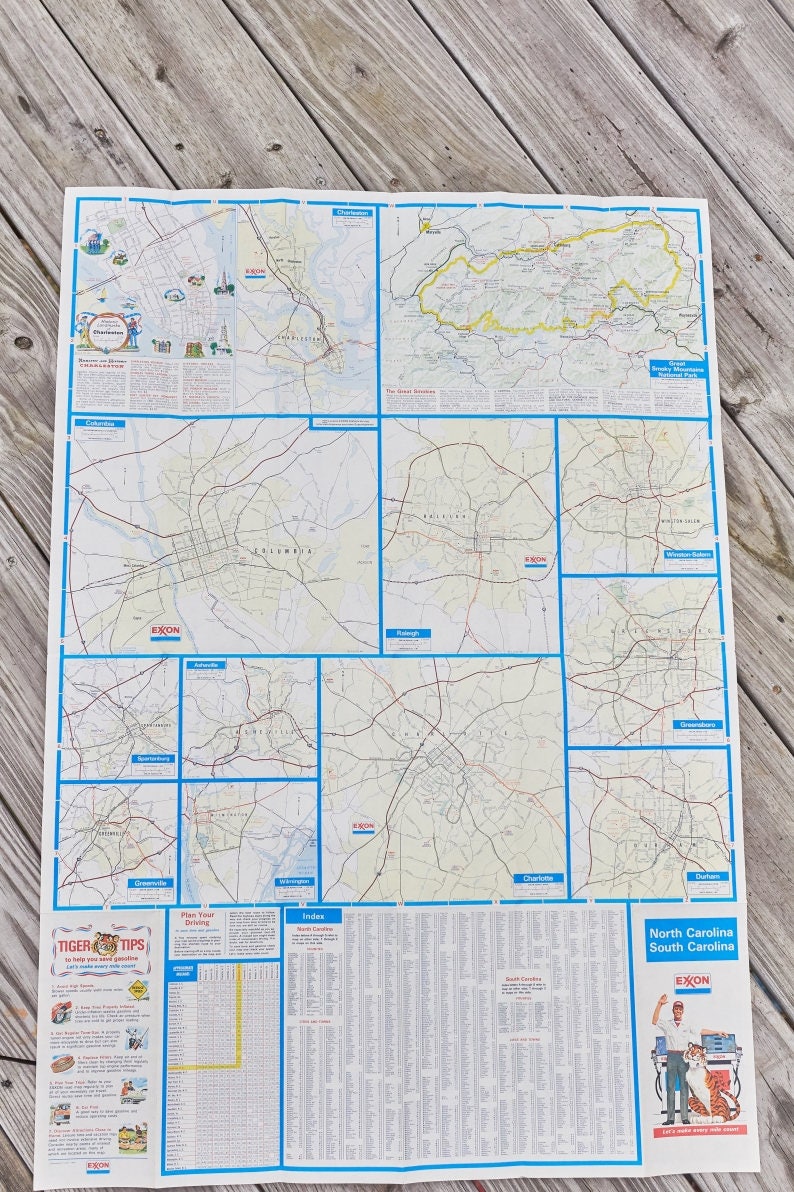 Vintage Exxon map for North Carolina and South Carolina 1980