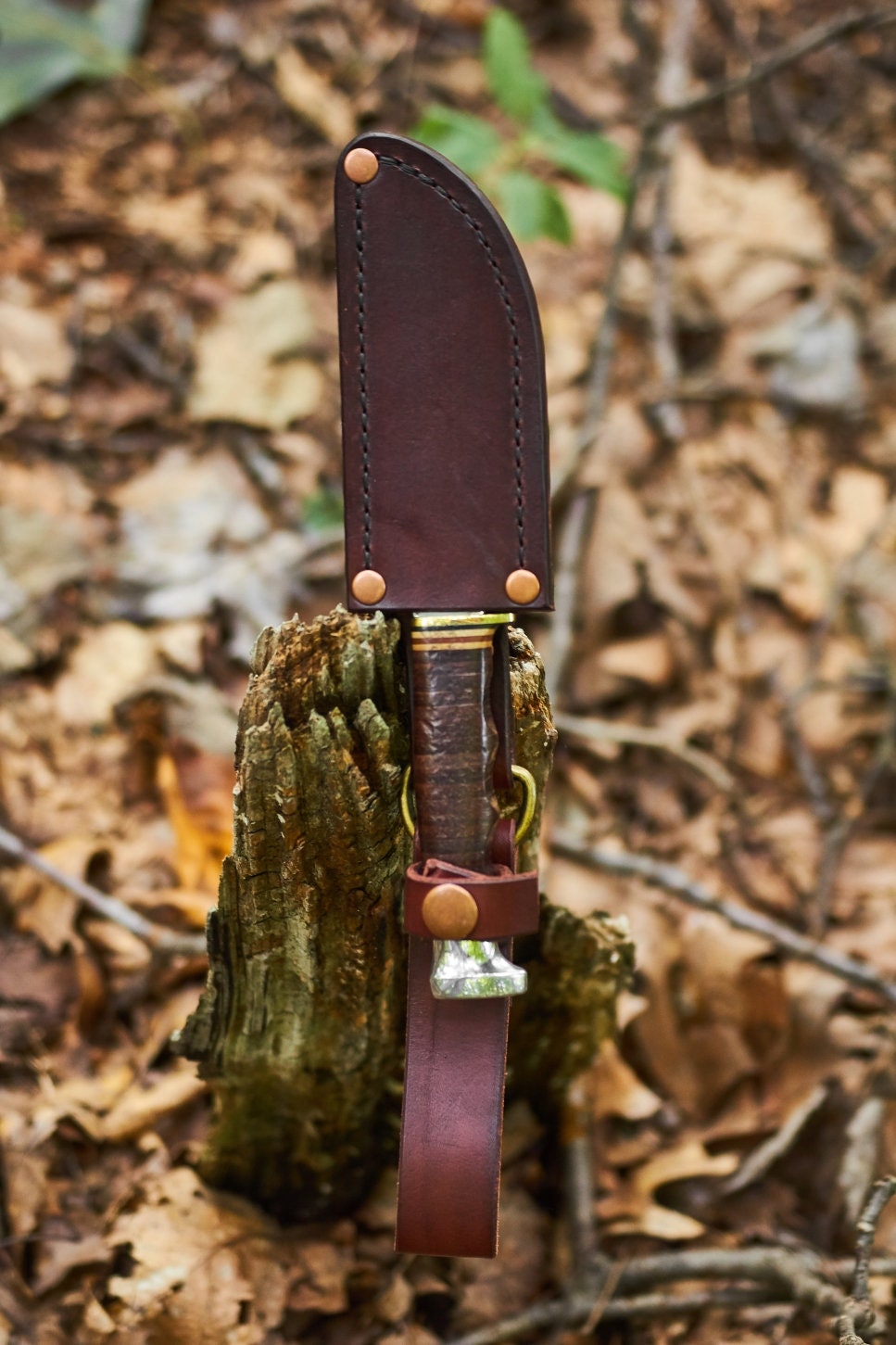 Vintage Kabar fixed blade knife with custom handmade leather sheath