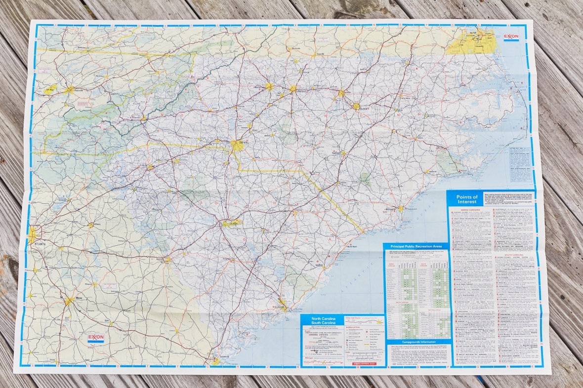Vintage Exxon map for North Carolina and South Carolina 1980