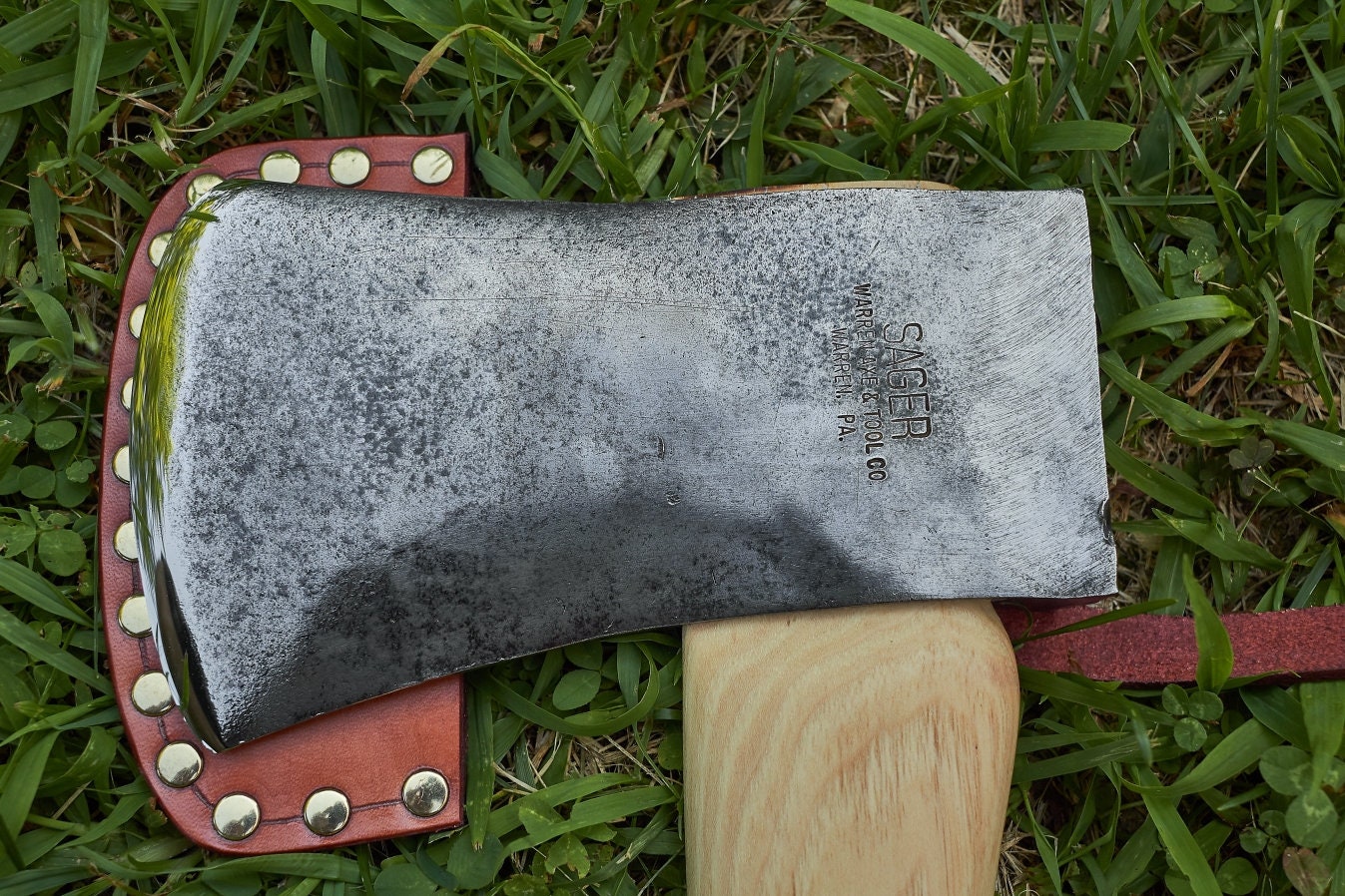 Vintage Sager axe from Warren Axe and Tool Co with handmade leather sheath