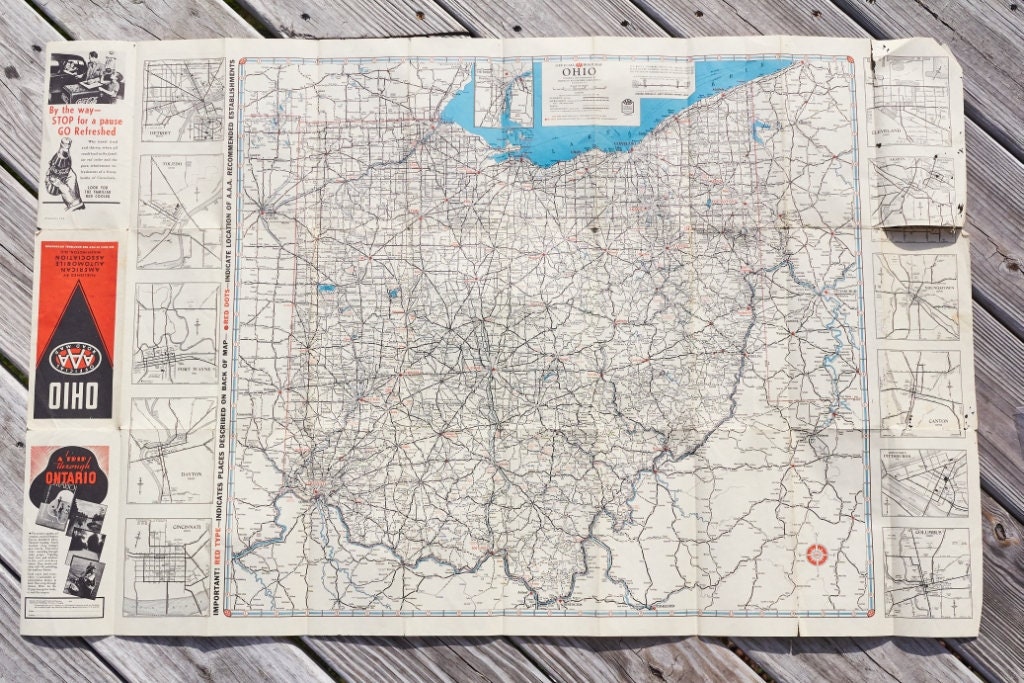 Vintage Ohio Official AAA road map from 1938 American Automobile