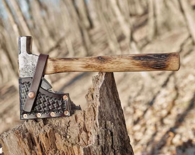 Anniversary hatchet with custom leather sheath