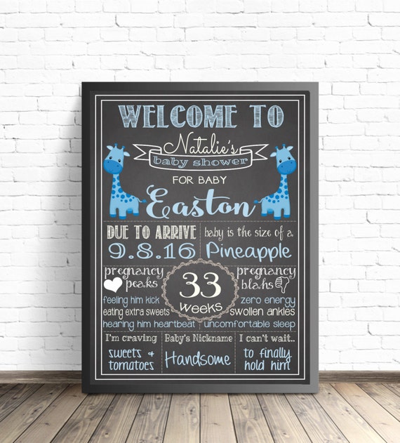 Blue Giraffe Baby Shower Decorations Chalkboard Sign Etsy