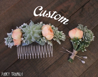 Peineta nupcial personalizada - *Envíame un mensaje con tu diseño personalizado* *Lee la descripción* - Peineta nupcial y boutonniere hechos a mano (suculenta artificial, floral)