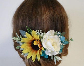 CUSTOM Bridal Hair Comb- *Please Read Description* Sunflower, White Rose, Baby's Breath, Eucalyptus, & Foliage Sunflower Bridal Hair Comb