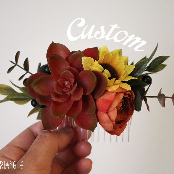 CUSTOM Bridal Comb- *Message Me Your Custom*Please Read Description*-Sunflower, Red Succulent, Burnt Orange Floral, Eucalyptus Fall Comb