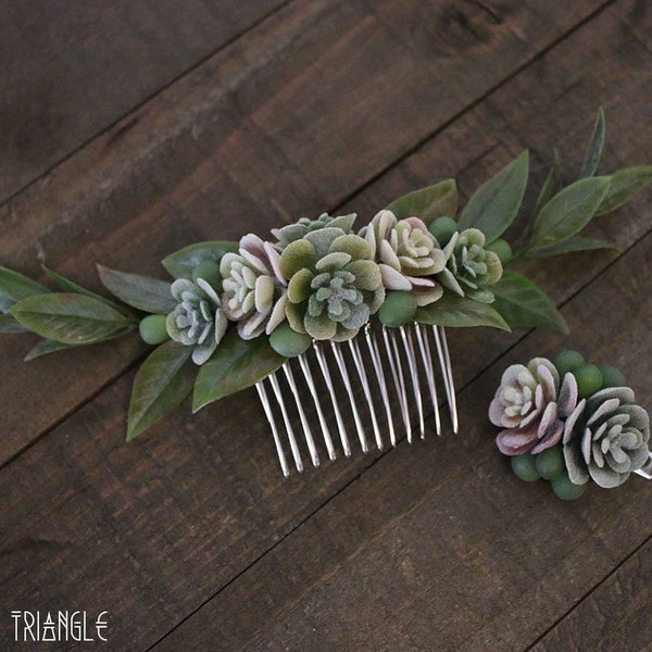 Get Both- Handmade Succulent Symmetrical Green Leaf Side Comb & Mini Succulents Alligator Hair Clip (faux succulents)