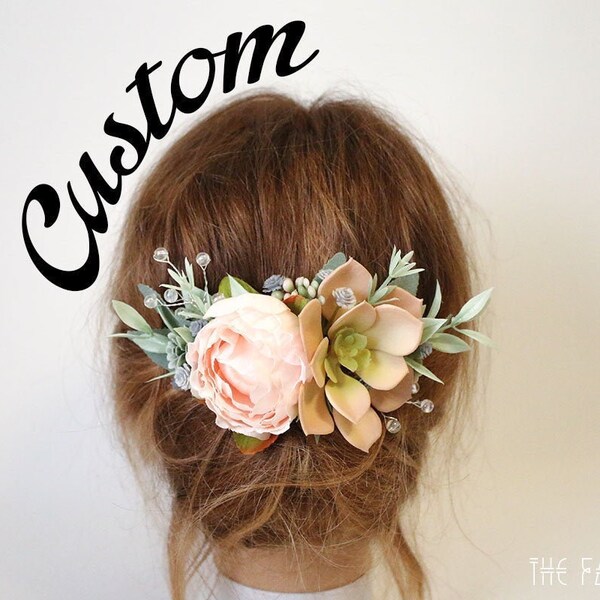 CUSTOM Bridal Hair Comb- *Message Me Your Custom*Please Read Description* Succulents, Pink Peony, Baby Blue Accents, Sage Foliage Hair Comb