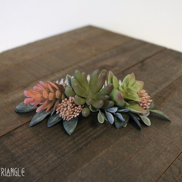 New Comb Line- Handmade Assorted Sedum Succulents Hops Arrangement with Foliage Succulent Hair Comb (faux succulents, medium comb) Comb #1