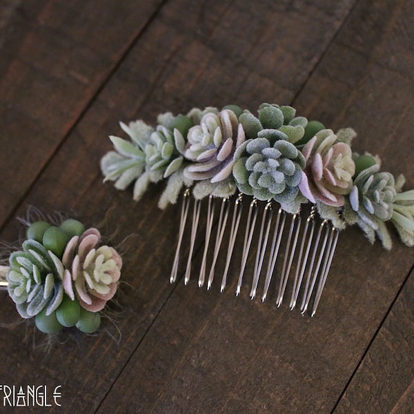 Get Both- Handmade Succulents Symmetrical Side Comb & Mini Succulents Alligator Hair Clip (faux succulents)