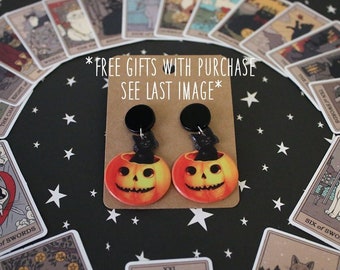 Halloween Vintage Black Cat Peeking Out of Pumpkin Acrylic Circle Stud Drop Dangle Earrings Lightweight | *Free Gifts with Purchase*