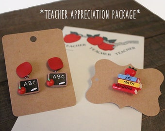 Teacher Appreciation ABC Chalkboard Red Circle Stud Drop Dangle Earrings | Teacher Gift Package Comes with School Books Brooch & Apple Note