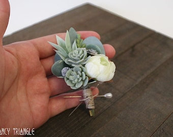 Handmade Succulents, White Peony, Dusty Blue/Dusty Green Accents, Eucalyptus & Sage Foliage Matching Boutonniere