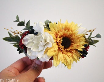 Handmade Boho Sunflower, Ivory Flowers, Maroon Floral, Navy Accents, & Eucalyptus Bridal Hair Comb- (faux floral, dried)