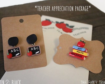 Teacher Appreciation ABC Chalkboard Black Circle Stud Drop Dangle Earrings | Teacher Gift Package Comes w/ School Books Brooch & Apple Note