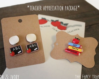 Teacher Appreciation ABC Chalkboard Ivory Circle Stud Drop Dangle Earrings | Teacher Gift Package Comes w/ School Books Brooch & Apple Note