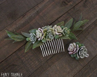 Get Both- Handmade Succulent Symmetrical Green Leaf Side Comb & Mini Succulents Alligator Hair Clip (faux succulents)