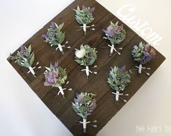 Custom for Courtenay- Handmade Succulents, Eucalyptus, Lavender Floral and Stems, & Green Foliage Boutonnieres w/ White Satin Wrapped Stems