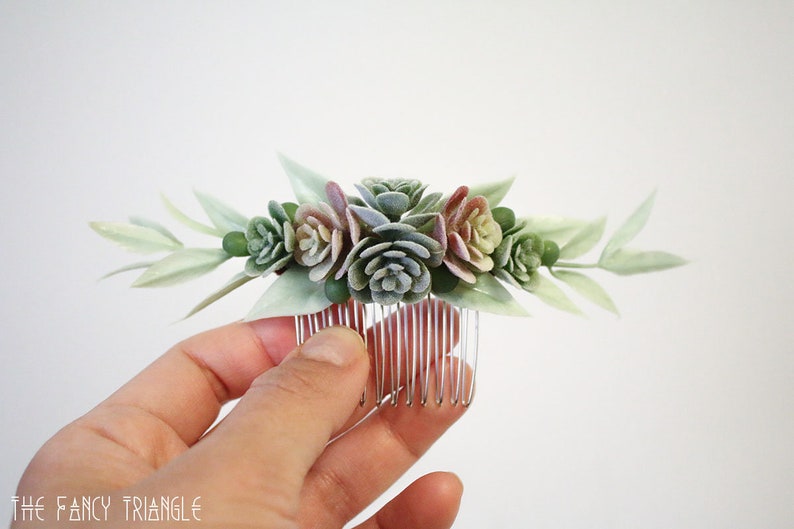 Get Both Handmade Succulent Symmetrical Light Green Leaf Side Comb & Mini Succulents Alligator Hair Clip faux succulents image 6