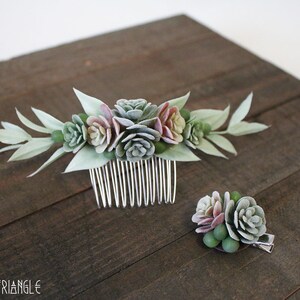 Get Both Handmade Succulent Symmetrical Light Green Leaf Side Comb & Mini Succulents Alligator Hair Clip faux succulents image 2