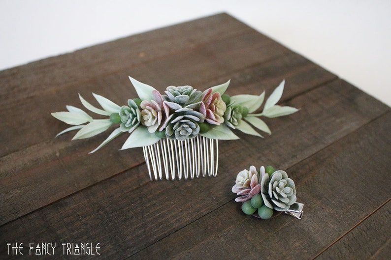 Get Both Handmade Succulent Symmetrical Light Green Leaf Side Comb & Mini Succulents Alligator Hair Clip faux succulents image 2