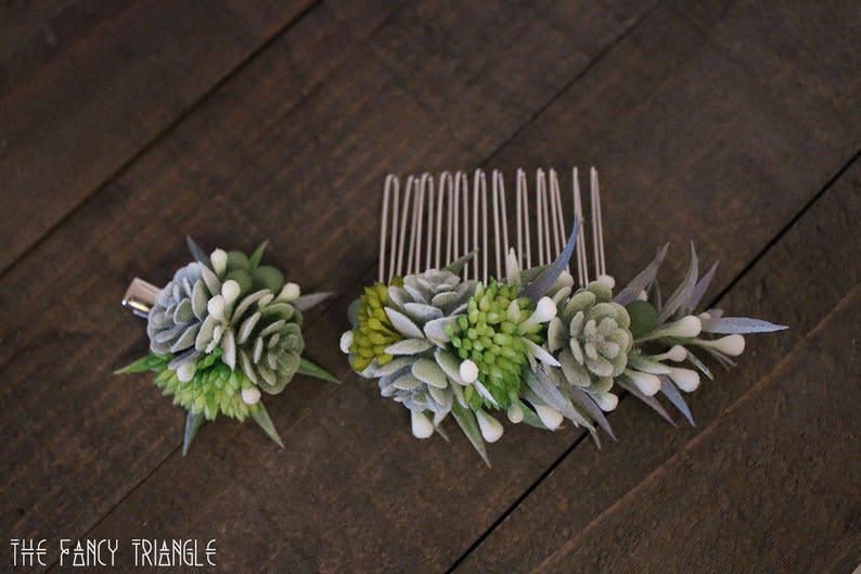 Handmade Green Succulents Asymmetrical Side Comb /& Mini Succulents Alligator Hair Clip w White Accents Get Both