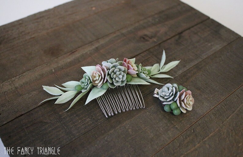 Get Both Handmade Succulent Symmetrical Light Green Leaf Side Comb & Mini Succulents Alligator Hair Clip faux succulents image 4