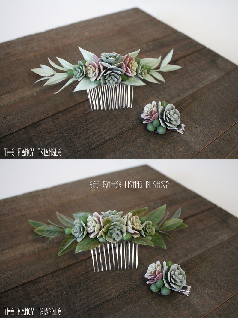 Get Both Handmade Succulent Symmetrical Light Green Leaf Side Comb & Mini Succulents Alligator Hair Clip faux succulents image 8