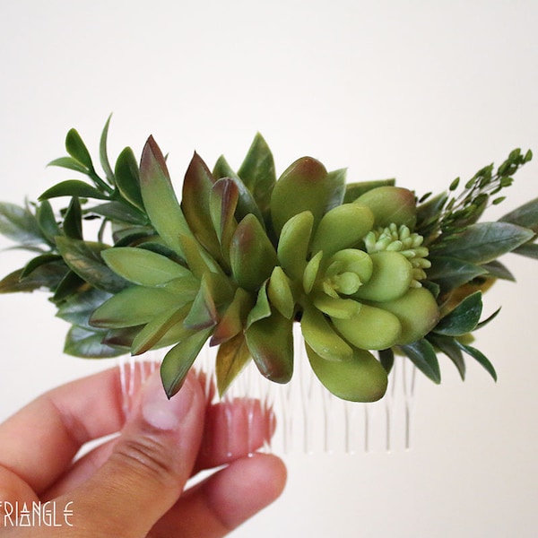 Handmade Green Succulents, Green Foliage, & Dried Floral Botanical Succulent Wedding Bridal Hair Comb (faux succulents, faux foliage dried)