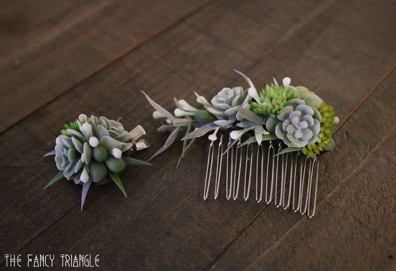 Handmade Green Succulents Asymmetrical Side Comb /& Mini Succulents Alligator Hair Clip w White Accents Get Both
