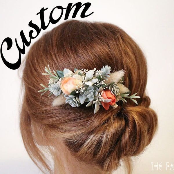 CUSTOM Bridal Hair Comb- *Message Me Your Custom *Please Read Description*- Succulent, Peach Peony, Dried Beige Lagurus, Sage Foliage Comb