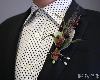 Handmade Rustic Winter Wedding Boutonniere w/ Hemp or Leather Wrapped Stems (faux assorted winter floral)- Choose Desired Color