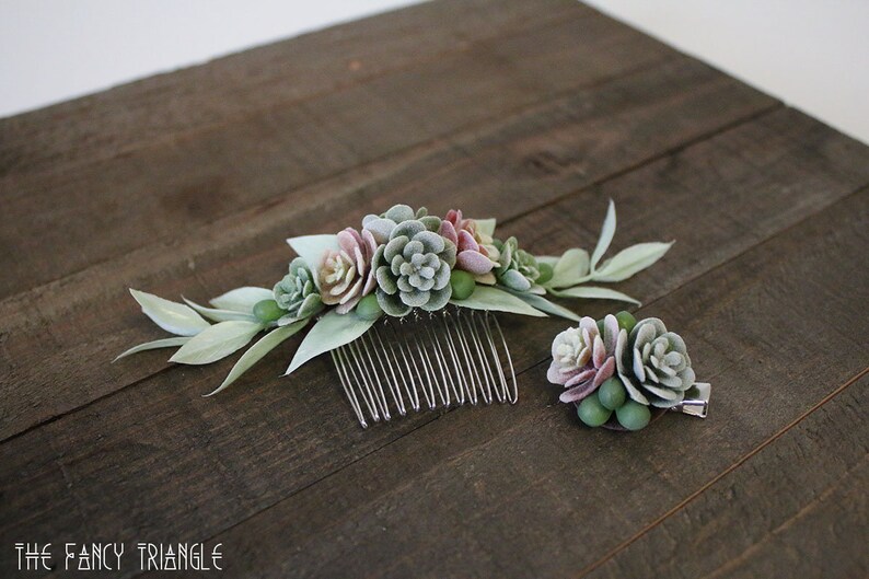 Get Both Handmade Succulent Symmetrical Light Green Leaf Side Comb & Mini Succulents Alligator Hair Clip faux succulents image 3