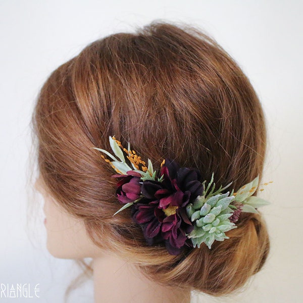 Handmade Succulent, Plum Color Floral, & Foliage Summer, Spring, Fall Rustic Bridal Side Comb (faux succulents, floral,dried floral)