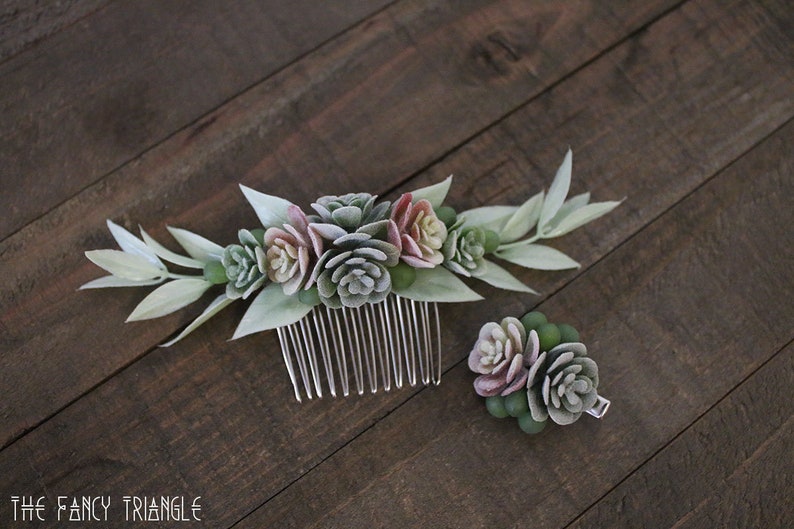 Get Both Handmade Succulent Symmetrical Light Green Leaf Side Comb & Mini Succulents Alligator Hair Clip faux succulents image 1