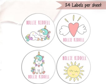 24 x Adesivi nome Unicorno personalizzati, Unicorn Kids Adesivi, 45mm, Girls Name Tag per giocattoli e libri, Etichette Scolastiche, Adesivi per Bambini