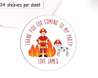 Thank You For Coming To My Party Stickers, Fireman,  Fire Engine themed, Boys party bag and sweet cone labels, Kids Party favours, 45mm