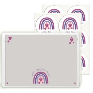 Juego de papelería para niñas, juego de escritura personalizado con corazones de arcoíris con 12 tarjetas, sobres y pegatinas, tarjetas de agradecimiento, relleno de medias