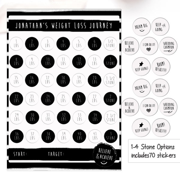 Weight Loss Chart with Sticker, Personalised 1-4 Stone Options, Weight Loss Journey,  Reusable, Monochrome