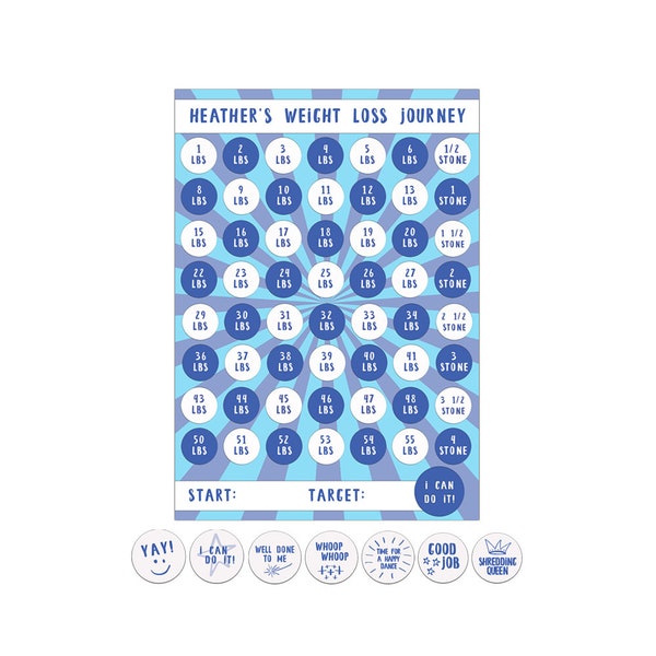 Weight Loss Chart - Personalised - 1 - 4 Stone Laminated Sheet + Stickers - Diet Reward Chart - Weight Loss Motivation - Blue Burst