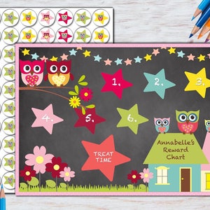 Carta de recompensas de búho para niños pequeños, personalizada, niña, rutina, tarea, reutilizable, entrenamiento para ir al baño, niños, cepillado de dientes, junta de recompensas