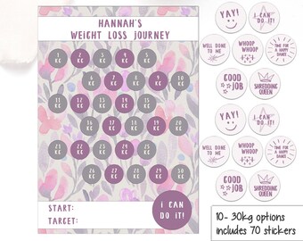 Weight Loss Chart with Sticker, Personalised 10-30kg Options, Weight Loss Journey, Purple Flowers, 10kg 15kg 20kg 25kg or 30kg