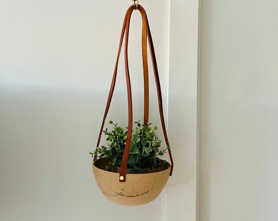 seconds- western style hanging planter. drainhole. Natural leather brass. Handemade ceramics.