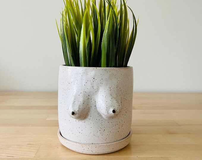 It’s Boobs - Cylinder Planter with Saucer - White - Handmade Ceramic