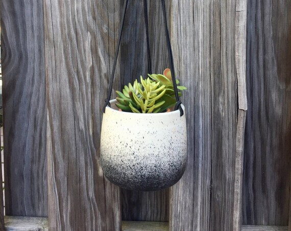 Large Ceramic planter-white and black- Hanging flower pot - herb planter