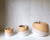 Beige-Ceramic hanging planter-white on beige stoneware- hanging flower pot - with drainage hole- three sizes available