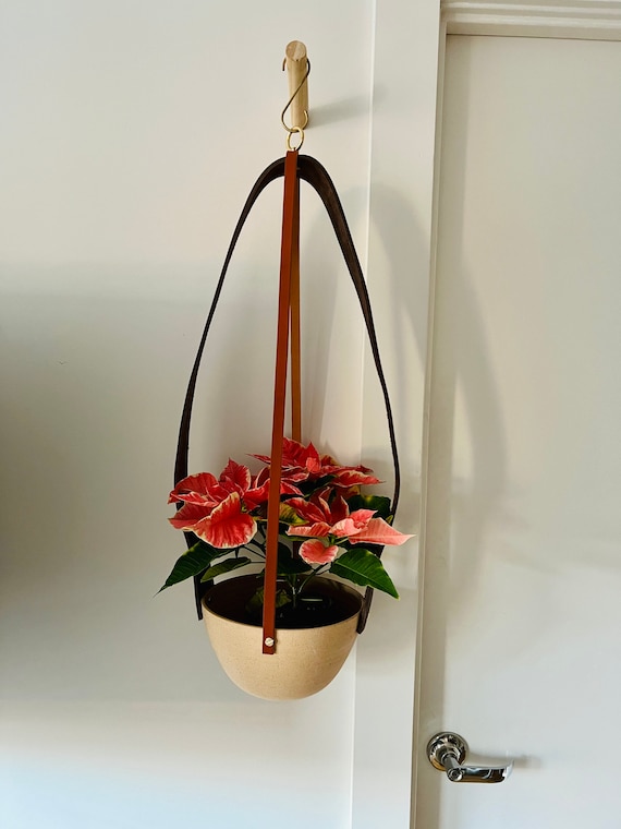 limited edition- western style hanging planter. Natural leather and brass. Handemade ceramics.