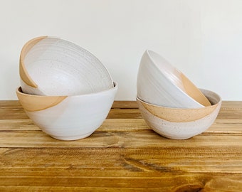 Angled Bowls - White and Natural Stoneware - Handmade Ceramic Kitchenware - Size and Style Options